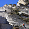 Bill O. and Alana L. approaching the thin and crispy crux on P2...