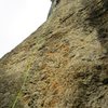 The crux section.  The rock is still quite featured, but the holds are further apart and the wall is a bit steeper.