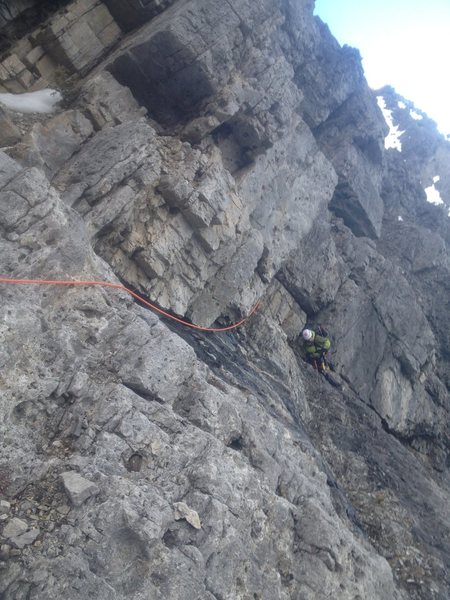 Looking back and down at the steep corner to traverse.  