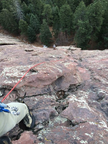 Looking down a second full rope-length up. Things are easier, but there still isn't hardly any pro.