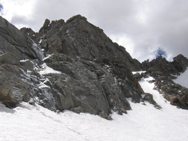 On left first band/crux of The Snave Direct with Telepherique to be above; left fork of The Crystal Couloir is on the right.