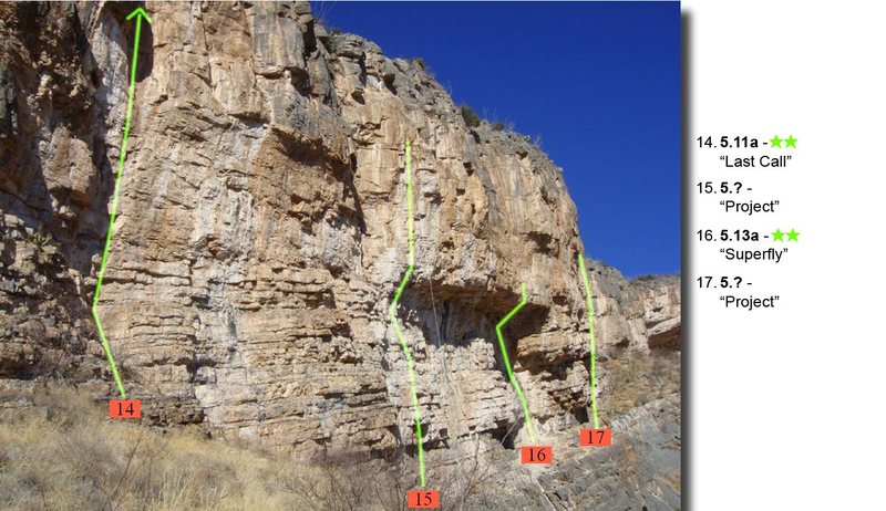 Routes right of "Last call".  This picture is missing "100 Degrees of Solitude" between "Superfly" (16) and "Betamorphosis" (17).