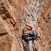 Matt Greco getting set up for crux maneuvers.<br>
<br>
Wade Forrest Photo