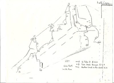 False Tooth South Face, old Southwestern Mountaineers 1980's topo. The False Tooth is located at the western base of the Wedge, north of The Tooth.
