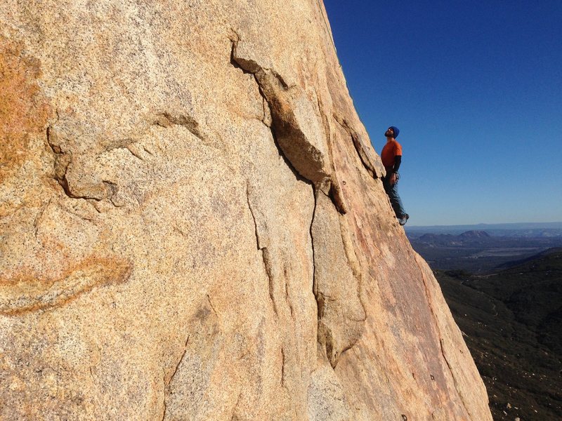 On the easier arete above the cruxy lower section of the climb. Photo taken from the 3rd class scramble on climber's left of the El Nino formation