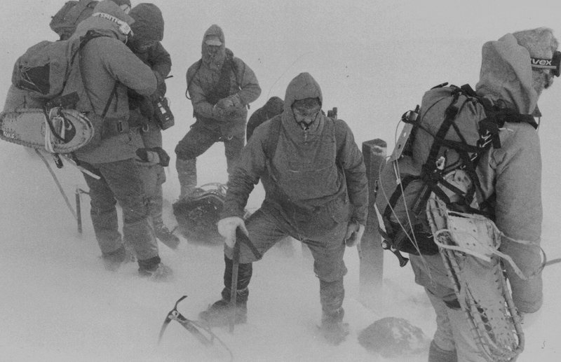 1982 North Conway Mt Rescue team on Mt Washington during the search for Hugh Herr and Jeffrey Batzer.wind 70mph . During the search one of the rescue team, Albert Dow, died in an avalanche. Photo David Stone.