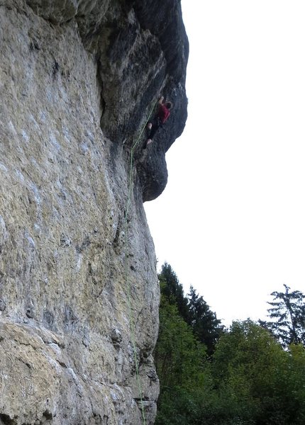 Fun pumping jugs lead onto the high slab.