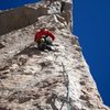 Pitch 3: Dave Montgomery picking his way up a beautiful face pitch.  Rock quality is A-one.