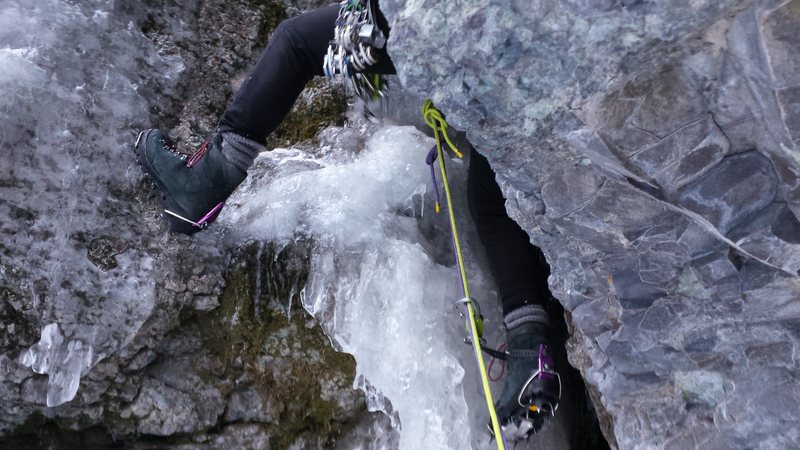 Mike on Pitch 2 of Slippery When Wet - Ouray Colorado Skylight Area.  Jan 18th 2015 with Mike Colacino.  