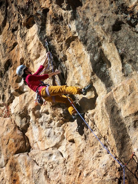 Clipping the draw before heading into the bouldery crux of the route. January 2015. 