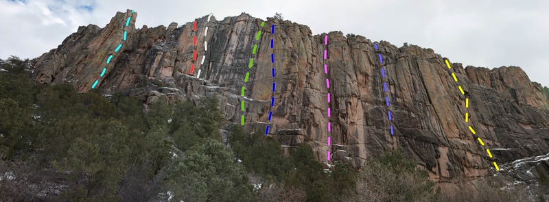 Left to Right:<br>
Light Blue: 5.11<br>
Red: 5.9<br>
White: 5.11-<br>
Green: Modulation Crack 5.11<br>
Blue: Frozen Will 5.11+<br>
Pink: Velvet Hammer 5.11+<br>
Purple: Lost Vikings 5.10<br>
Yellow: Bachelor Party 5.11+