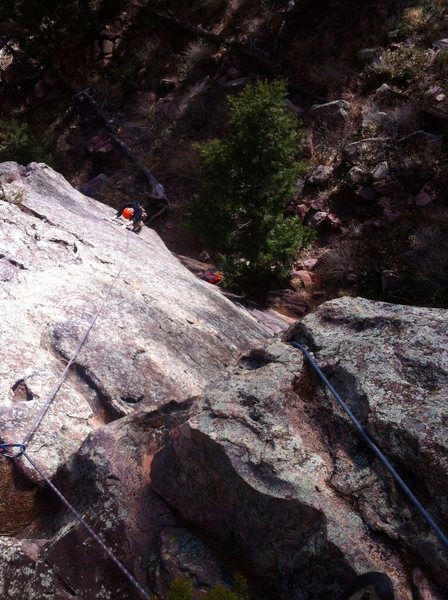 Brian mid-traverse on Baby Sitter (5.9 PG-13). Note double ropes to prevent a nasty follower fall.