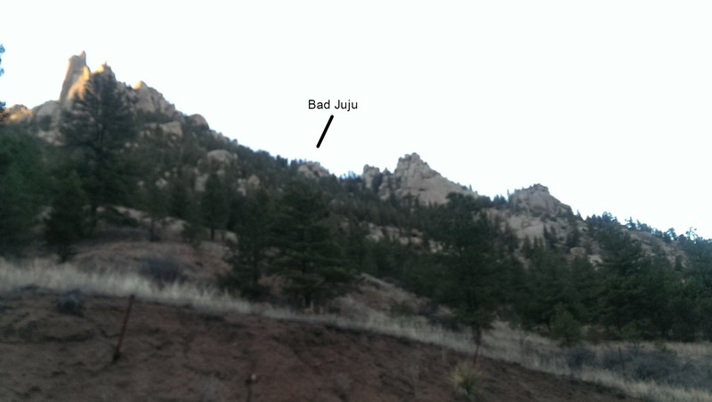 Cynical Pinnacle on the left, Snake Buttress on the right, and Bad Juju in between the two.