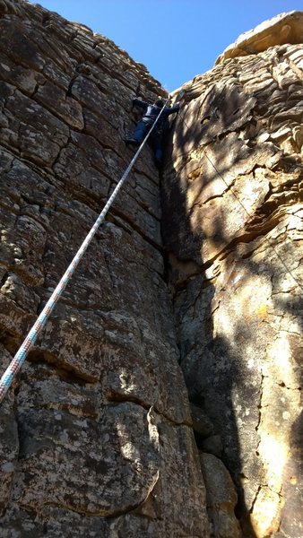 Logan Shimp up the dihedral.  It was his first day to go climbing.