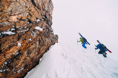 Eli Helmuth and Ryan Bogus of Climbing Life Guides make their way up the Dragon's Tail Couloir in sub-optimal conditions. 