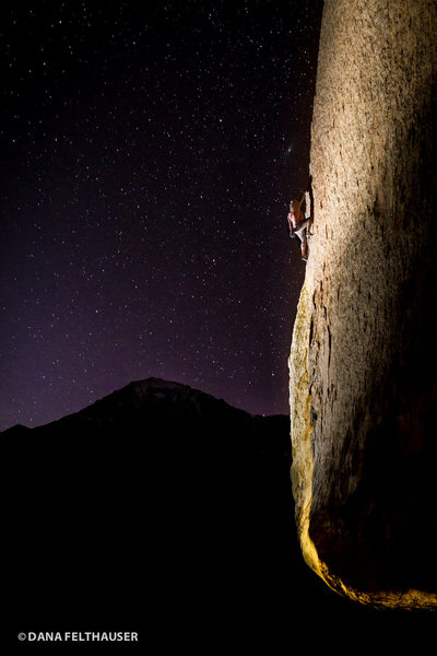 Aaron Livingston on a night ascent of the highball boulder problem the Southwest Arette.