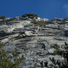 Looking up at the route.  P3 climbs the undercling roof that traverses from R to L at dead center.  Then climb through the veggies to Lunch Ledge at the level of the top of the tree in the upper left corner.