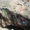 Road Boulder Topo #1<br>
1. Sandy V3<br>
2. Brush Off V1/2<br>
3. Fart Shoes V4<br>
4. Dark Hole V4