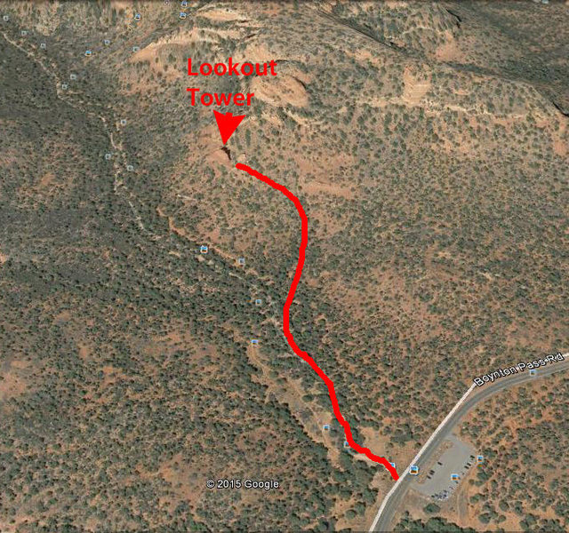 A Google Earth image with a rough markup of the approach. This approach will involve a little route finding, but should be fairly straightforward. 