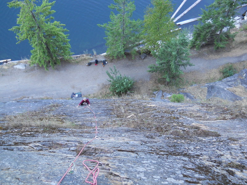 SLOCAN LAKE BLUFFS<br>
A surprisingly steep 5.6 on chalk-hiding, in-cut, hand holds.