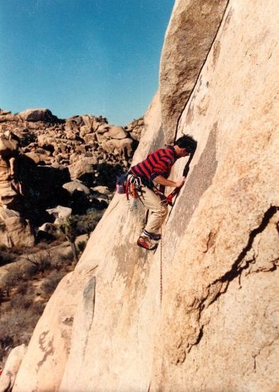 Moving past the last bolt on Heart and Sole (5.10a), Joshua Tree NP<br>
<br>
Photo by Jim Hammerle (November 1986)