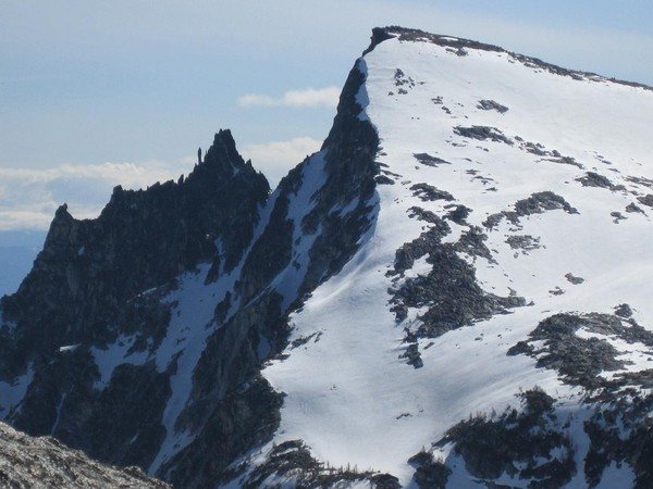 The Flagpole as seen from Prusik Peak.  It's that tiny sliver of rock right in front of Little Annapurna.