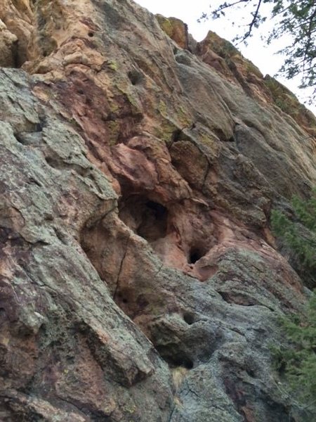 The body-sized huecos at mid-route on Hueco that make its position clear.  The flakes at the top of the top of the huge hueco looked detached from below but pretty good from above.