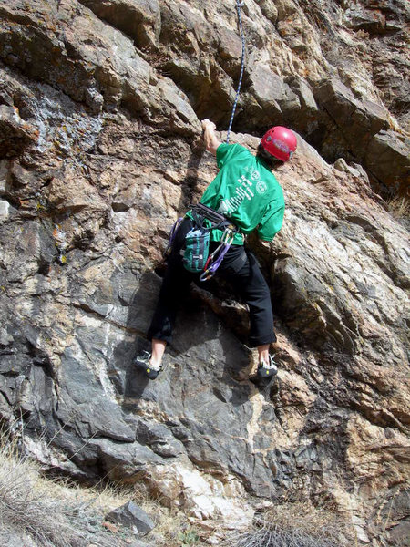 Deb at the start, perhaps the crux for a shorter climber.