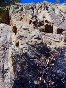 Ophelia goes straight up the slab and then headwall, just right of the arête.