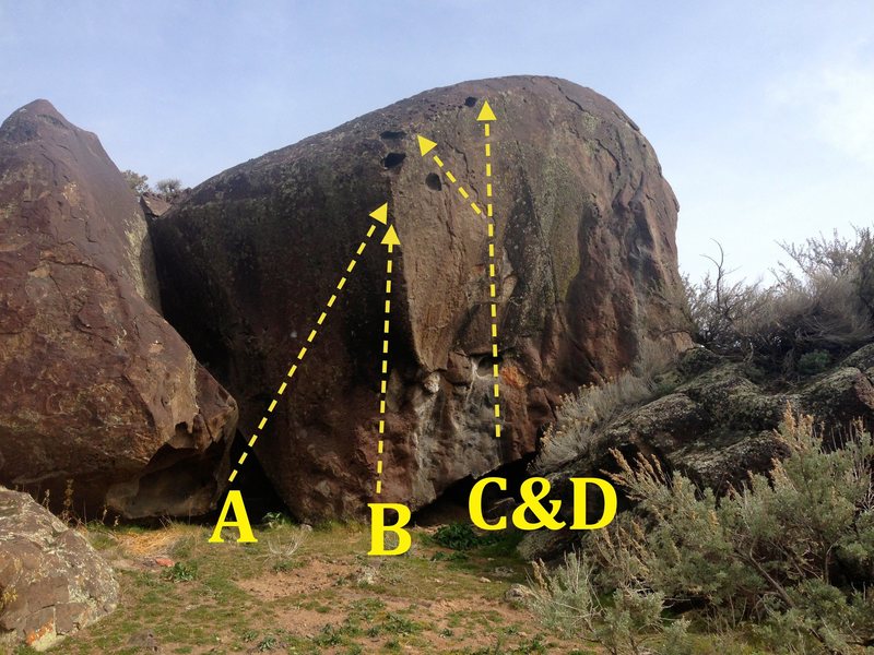 Yaniro Boulder:<br>
A) Tedd's V6<br>
B) Beau's Direct V7<br>
C) Tony's V7<br>
D) Tony's Right Exit Variation V7