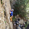 Andy climbs Ezra (5.9), at Wheeler Gorge. 