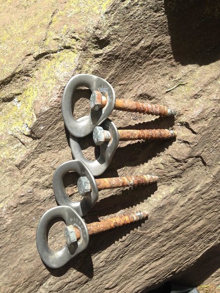 The reason why the bolts were so wiggly and loose is because they were lag bolts. These were pulled and replaced March 2015 and included the anchor station at the top of the Meth Rage route. Congrats to those who climbed it and scathed past a potential ground fall should one of these had failed.