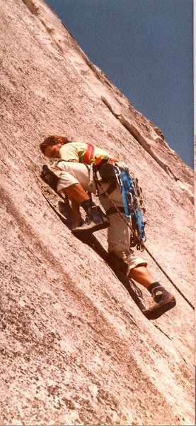 Peter Hayes leading the crux section at the bolt, when it was more like 5.7..d, circa 1981.