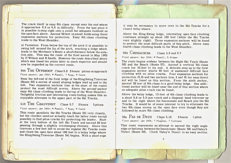 The page from the 1965 Supplement to the  1962 Chuck Wilts Tahquitz Guide describing "Chingadera". This shows the actual history of that classic pitch.