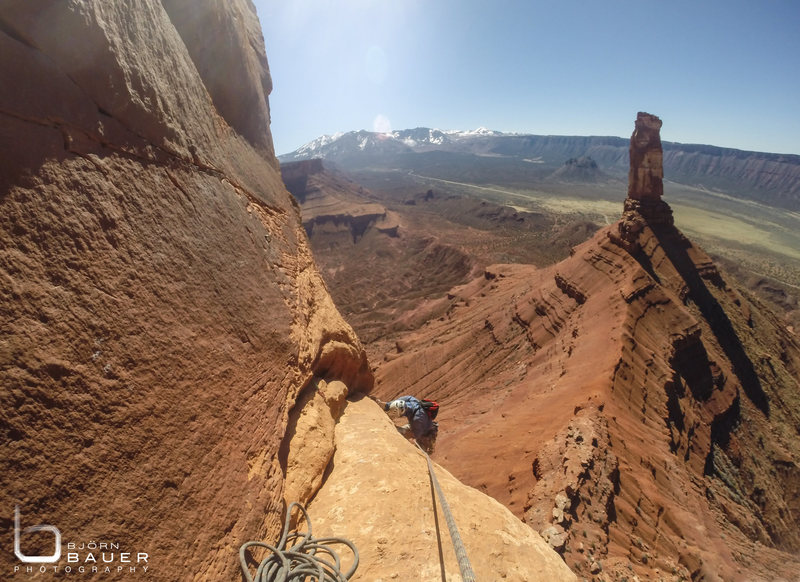 Erik Warmenhoven just before breaking a hold at the 3rd belay. Could have clipped the bolt to avoid the swing...