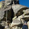 At the top of p3 i believe. Looking up, just to the right of this photo is the boulder problem. Above and left in the photo you can see part of the fantastic p5 and part of p6. 