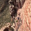 Looking back at the sweet ledge from partway up the final pitch on Olive Oil