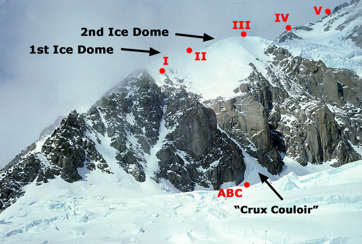 Overview of the West Rib from below, showing our camps (including Camp V at about 16,500 feet). 