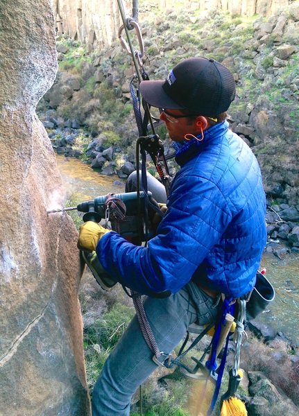 James drilling a new bolt on Child Abuse.