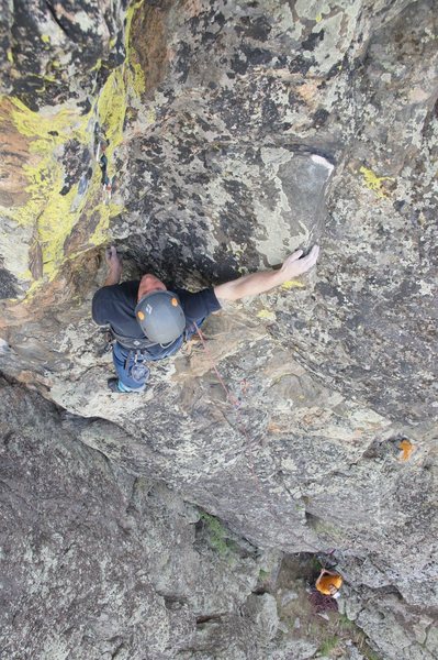 Adam Huxley about to start the crux sequence on Zion Train.<br>
<br>
Photo: Steve Grigel.