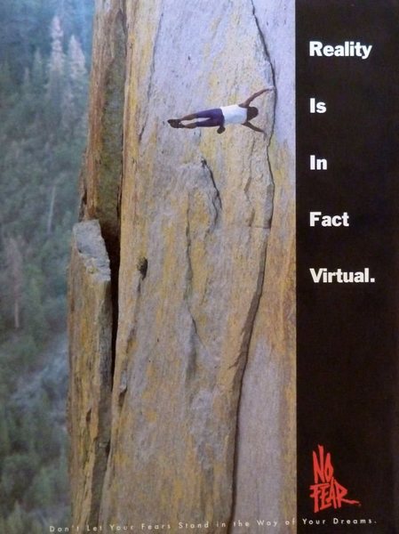 No Fear advert (1993) featuring Dan Osman flagging on Atlantis (5.11+) in The Needles<br>
<br>
Photo by Kevin Worrall