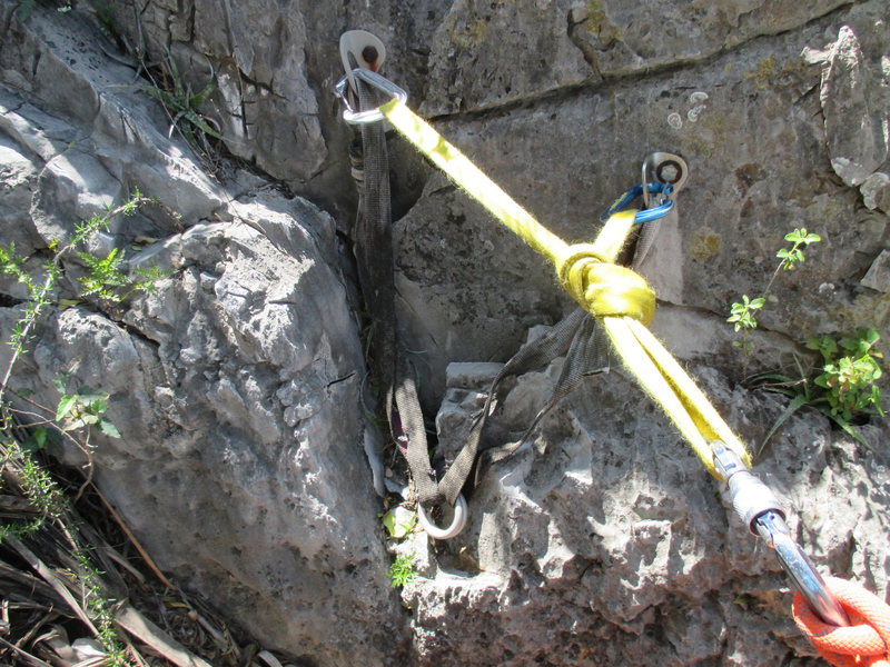 Anchor found about 1/3 or 1/2 way up the route - kind of off to the side. Obvious place where someone bailed... or maybe rapped down to bolt some routes.