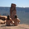 Enjoying the view on a beautiful day after climbing Fine Jade on The Rectory, Moab, UT.