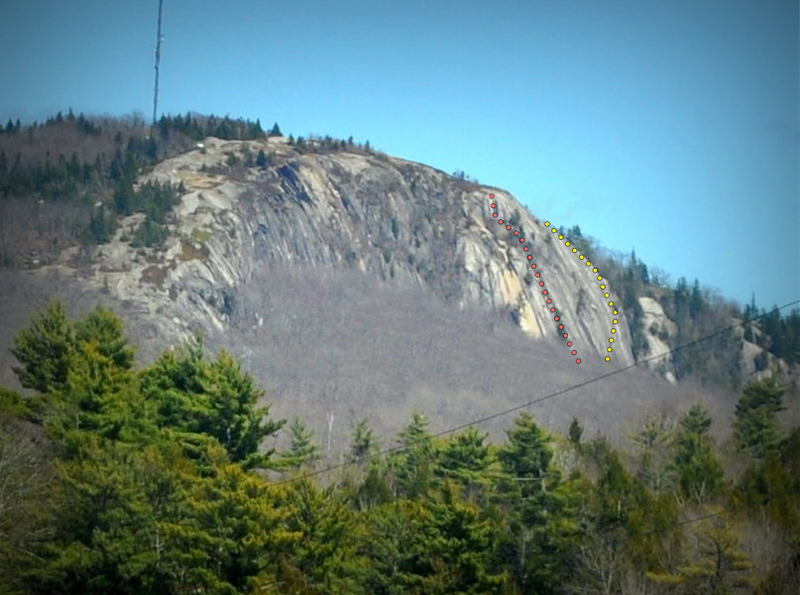 Big Chick Hill from the Airline driving east.  Yellow shows the route of My Time and red is a bad way to rappel down.