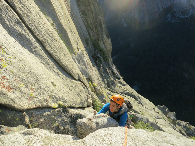 My partner Stuart on the face-climbing pitch, much too late in the day to complete our planned one-day ascent. 