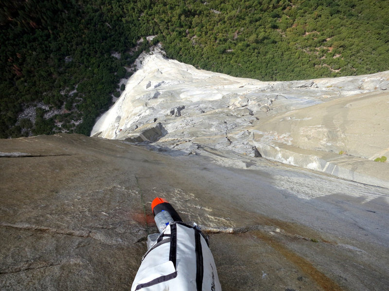 Looking down from the belay at after the great roof. 