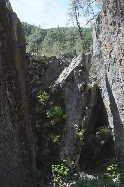 louie on 1st ascent, follow the white streak