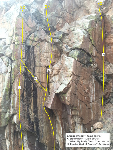 Upper Snake Eyes topo 2. These are most of the routes located on the upper tier of the wall.