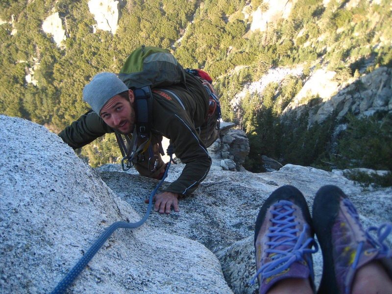 Nick Krawiek summitting Northeast Face West. Five pitches. This is also the summit for Northeast Face East. They meet up after the fourth pitch.