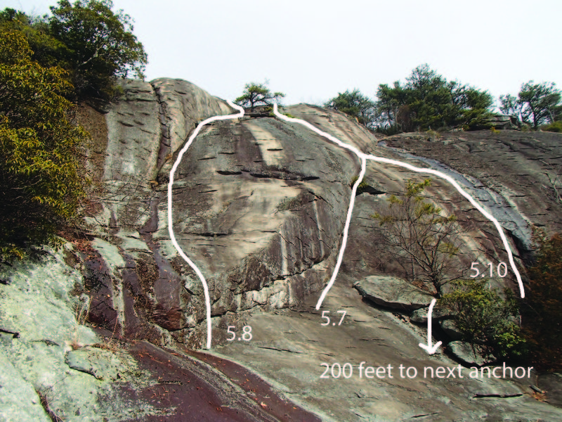 Final pitches of the Enigma and Southender extension dubbed "Southend Vimicolor". Note: The right 5.10 was TR'd from the pine tree and was excellent. A lead of the climb could be an ankle biter. 